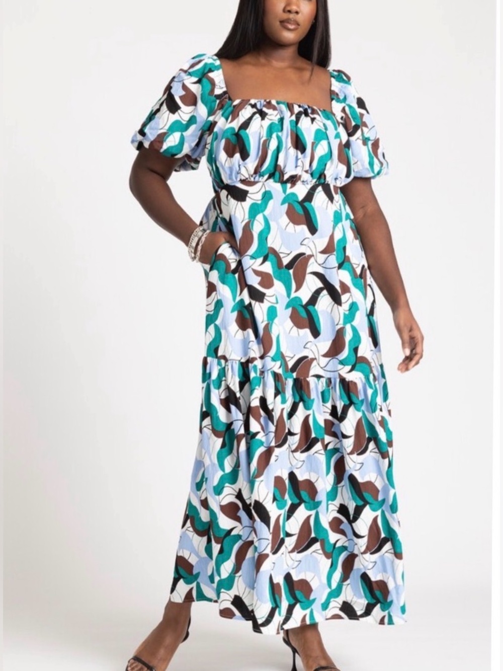 Eloquii Puff Sleeve Tiered Dress in Geo Leaf